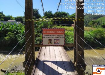 Defesa Civil de Nova Trento interdita ponte pênsil no Trinta Réis